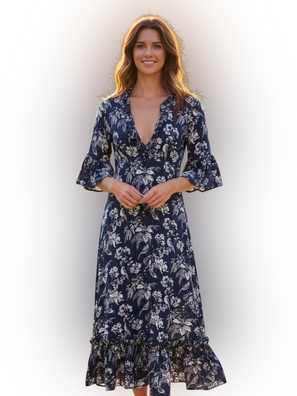 Lido Navy Floral bird V-Neck Ruffle maxi Dress size medium